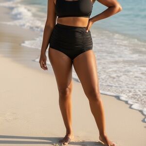 High-Waisted Black Ruched Swim Bottoms plus size XL